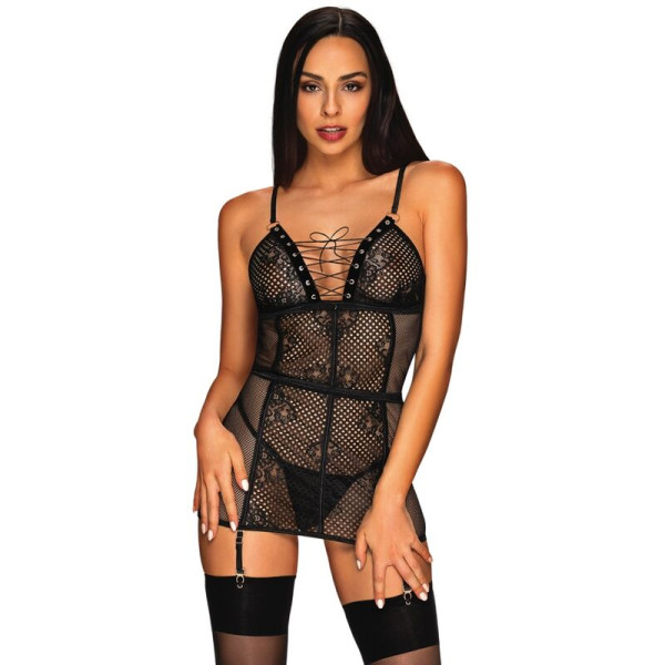 Nuisette sexy noire à laçage en avant avec string  Basitta L/XL - Obsessive