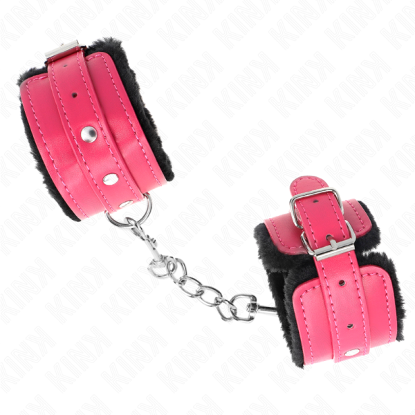 KINK - APPUI-POIGNETS DOUBLÉS DE FOURRURE PREMIUM NOIR AVEC CEINTURE ROSE FRAMBOISE AJUSTABLE 17-29 CM X 6 CM