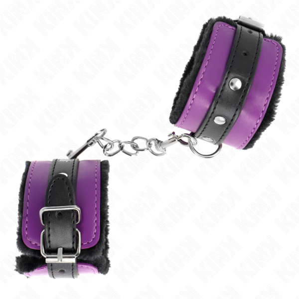 KINK - APPUI-POIGNETS DOUBLÉS DE FOURRURE PREMIUM NOIR AVEC CEINTURE VIOLET / NOIRE RÉGLABLE 17-29 CM X 6 CM