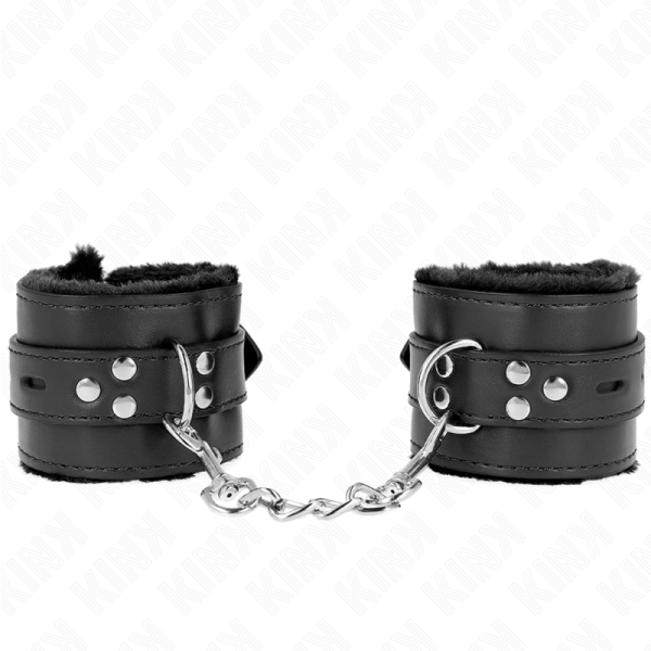 KINK - APPUI-POIGNETS DOUBLÉS DE FOURRURE AVEC TROUS CARRÉS NOIR ET CEINTURE NOIRE RÉGLABLE 17-29 CM X 6 CM