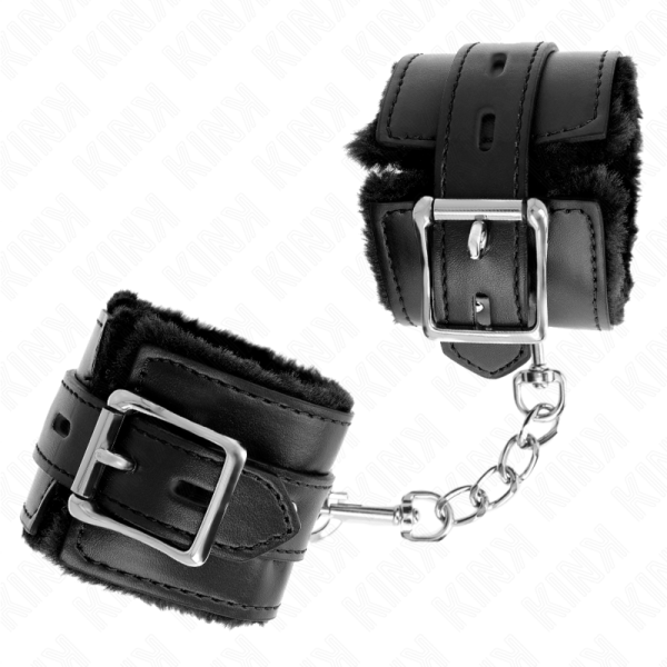 KINK - APPUI-POIGNETS DOUBLÉS DE FOURRURE AVEC TROUS CARRÉS NOIR ET CEINTURE NOIRE RÉGLABLE 17-29 CM X 6 CM