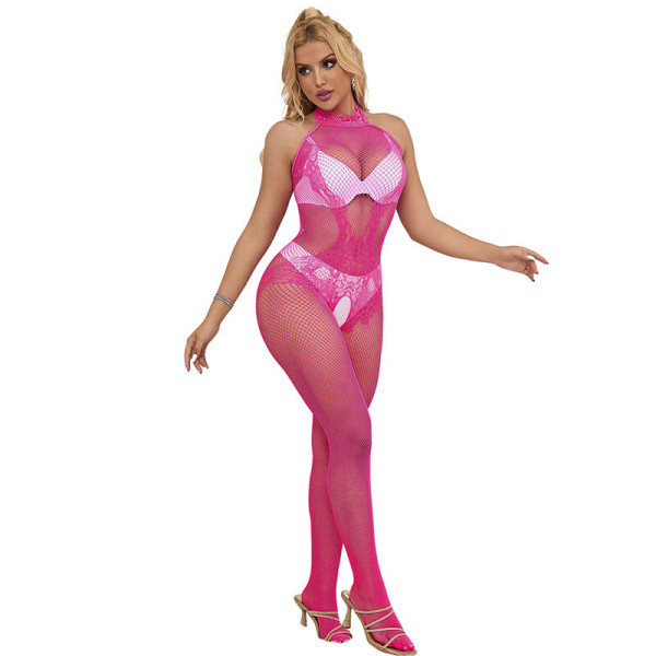 SUBBLIME - 952389 BODYSTOCKING RÉSILLE ET DENTELLE SANS FOURRURE AVEC COL MONTANT ROSE TAILLE UNIQUE