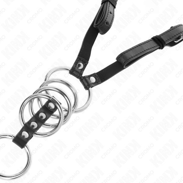 KINK - 5 ANNEAUX PÉNIS 3,8 CM À 5 CM MÉTAL AVEC CEINTURE CUIR 112 CM